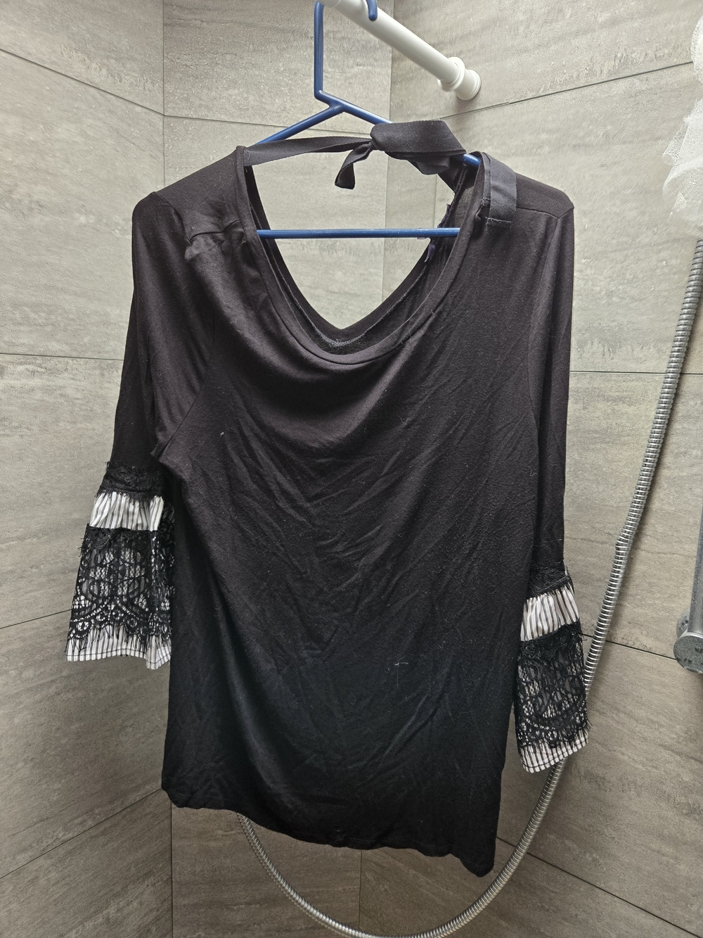 Olivia Sky Black Long Sleeve Top Lace Bell Sleeves Striped Detail Tie Back - Picture 4 of 4